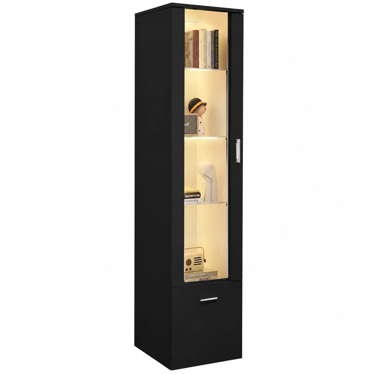 Armoire, en verre, avec rangement, avec portes, coloris noir, 42 x 30 x 160 cm, pour la chambre