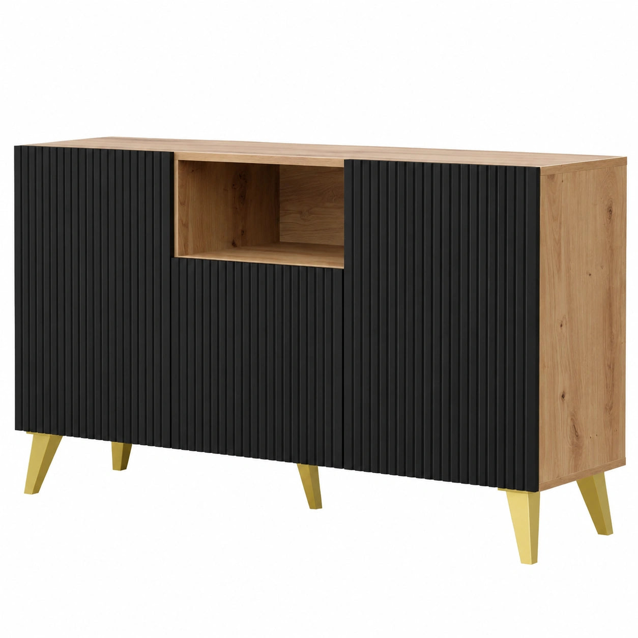 Commode, avec tiroirs, avec portes, en chêne, 149,7 x 87 x 41,8 cm, coloris noir, pour la chambre ou le salon